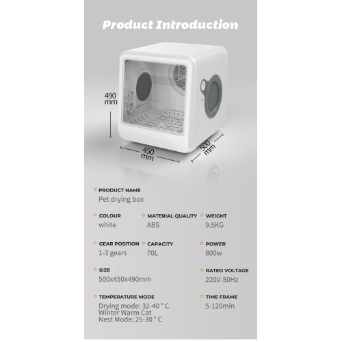 Pet Dryer Room, Cats & Dogs, Hot & Cold Air Automatic Pet Hair Dryer Case