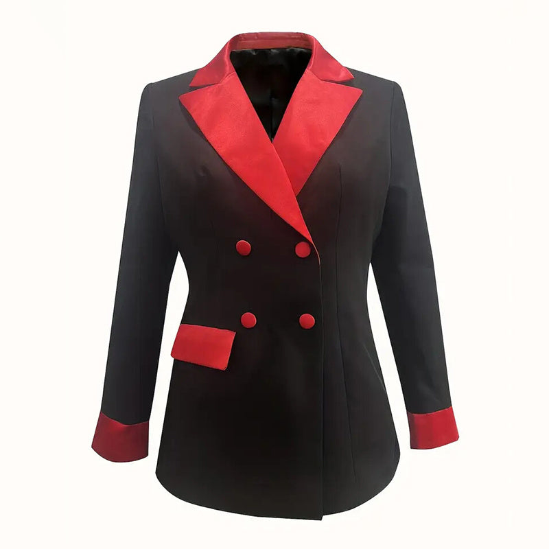 Women's Classic Notch Lapel Blazer, Double-Breasted Long Sleeve Jacket With Color-Block Waist Definition