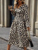 Women's European And American Leopard Print Lantern Sleeve Long Dress