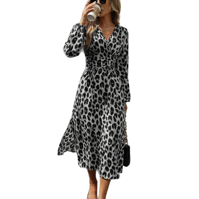 Women's European And American Leopard Print Lantern Sleeve Long Dress