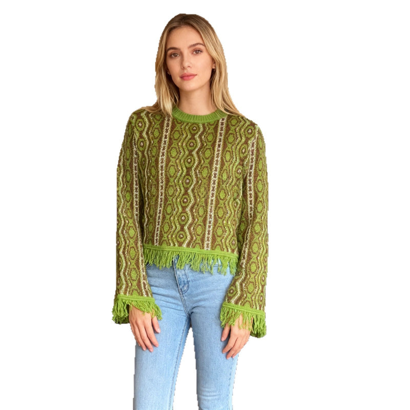 Contrast-color Jacquard Fringe Casual Round-neck Sweater