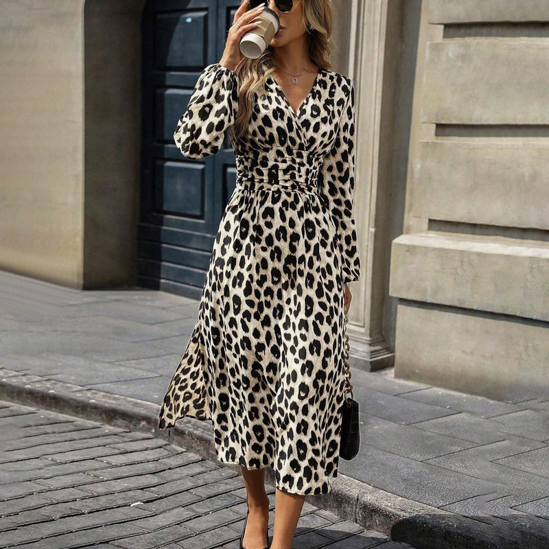 Women's European And American Leopard Print Lantern Sleeve Long Dress