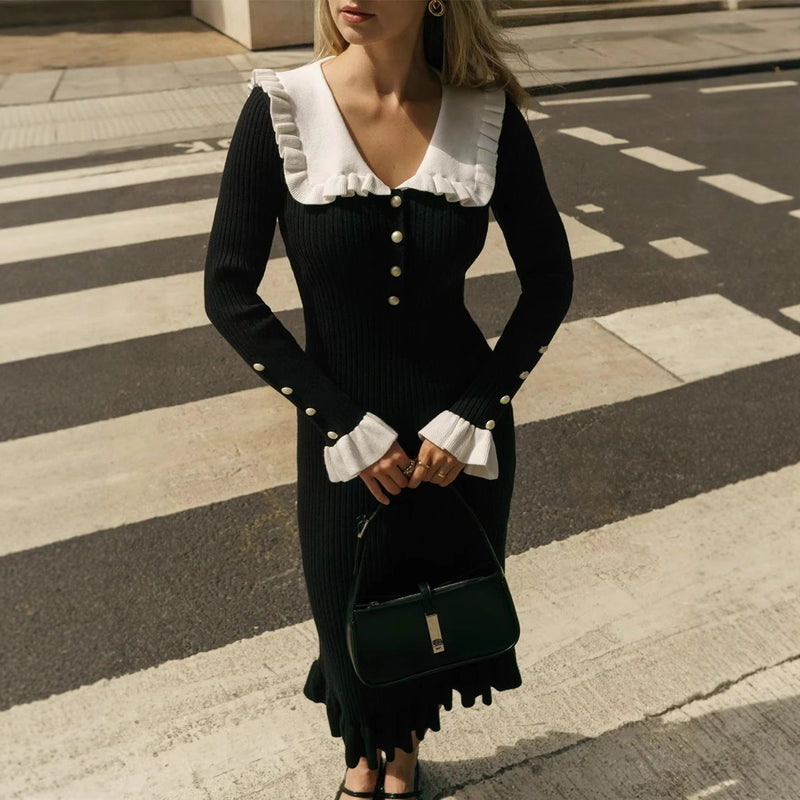 Solid Color Casual French Pleated Knit Dress For Women