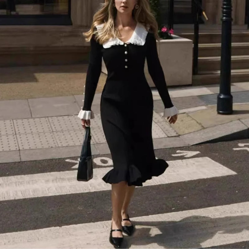 Solid Color Casual French Pleated Knit Dress For Women