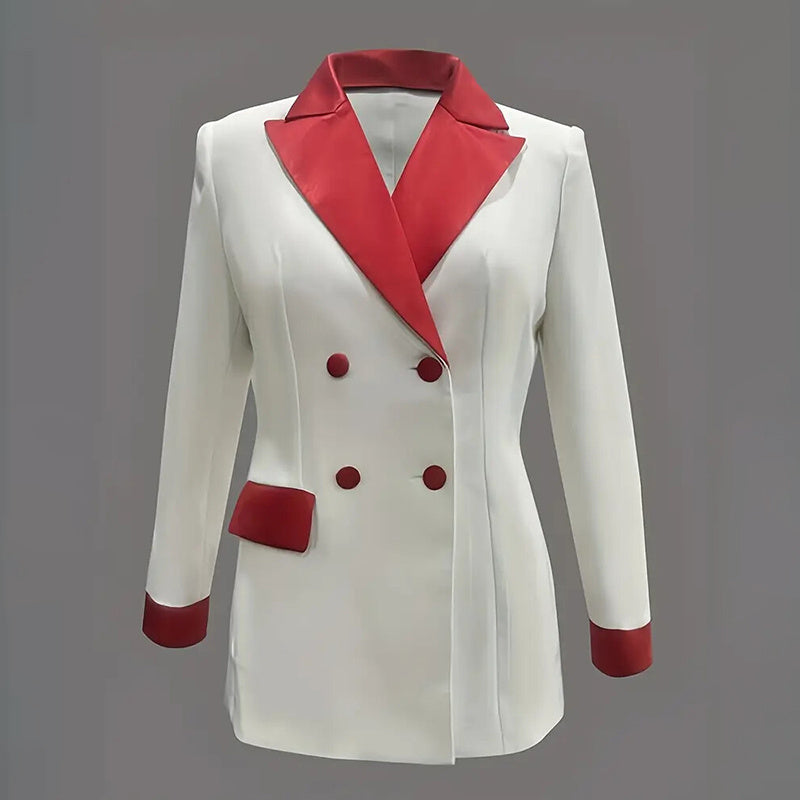 Women's Classic Notch Lapel Blazer, Double-Breasted Long Sleeve Jacket With Color-Block Waist Definition