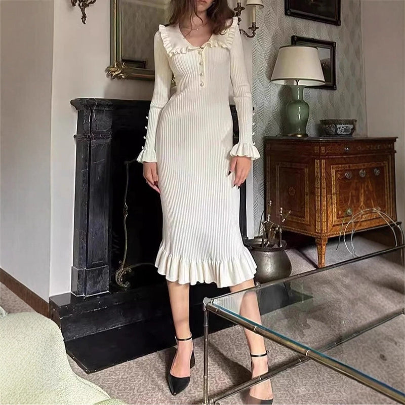 Solid Color Casual French Pleated Knit Dress For Women