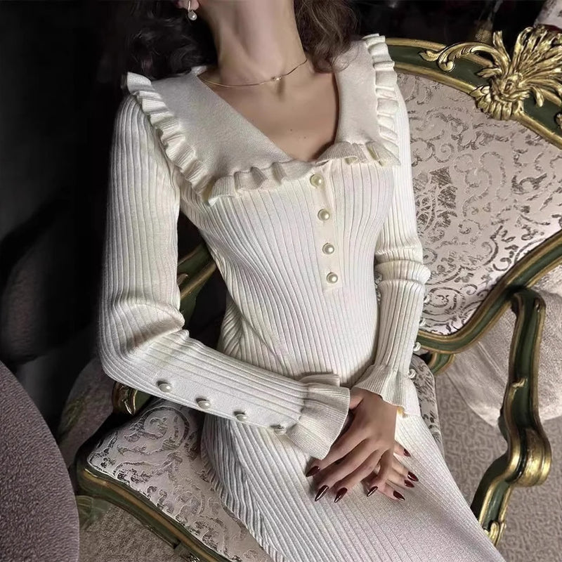 Solid Color Casual French Pleated Knit Dress For Women