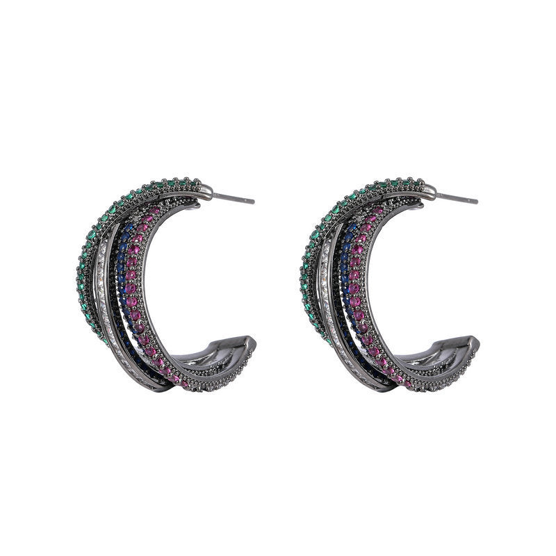 Colorful Zircon Small Design Sense Geometric Line Cross C-circle Earrings
