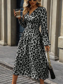 Women's European And American Leopard Print Lantern Sleeve Long Dress