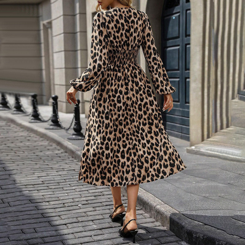 Women's European And American Leopard Print Lantern Sleeve Long Dress