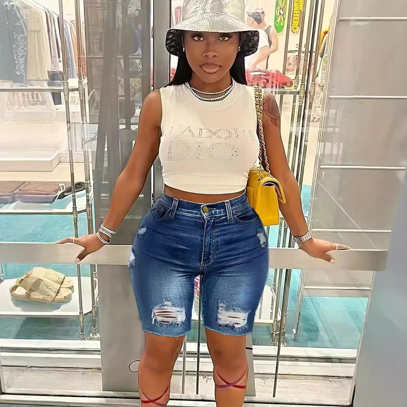 High-waisted Slim-fit Ripped Women's Denim Shorts